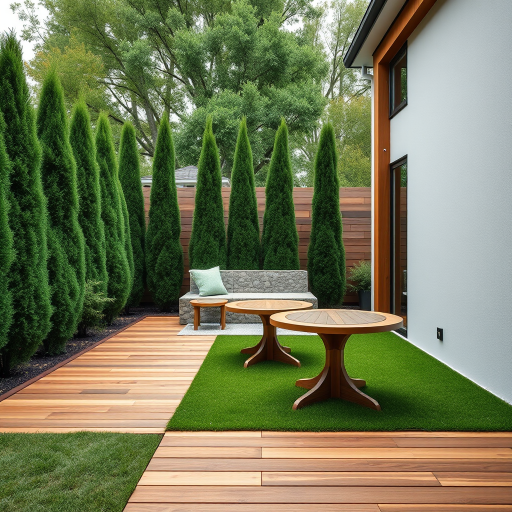 a well-designed modern garden patio with wooden flooring, green grass, tall conifers along the fence, a stone sitting area, a round wooden table, soft diffused lighting, camera settings: f/8, ISO 100, shutter speed 1/125, camera view: wide-angle, camera style: realistic, camera type: DSLR