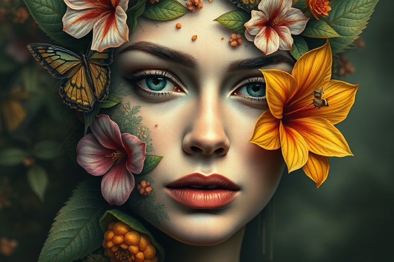 Hyper-realistic "Nature's Embrace" tattoo portrait incorporating lifelike fauna and flora seamlessly integrated with the subject's facial features creating a stunning fusion of human and natural elements