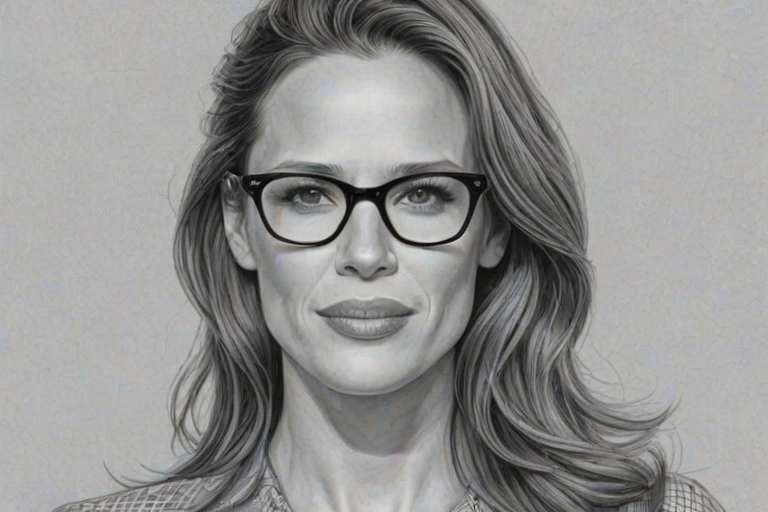 Ravishing Jennifer Garner, pencil sketch, portrait of Fetching woman 1949s in glasses, hair style beatnik, outline, clear lines, fine lines, 8k