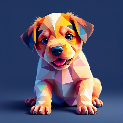 Create a vibrant low-poly illustration of a playful puppy with a colorful geometric design, shot with a Canon EOS R5 at f/8, ISO 100, 50mm lens, using a flat lay perspective to enhance the details and colors.