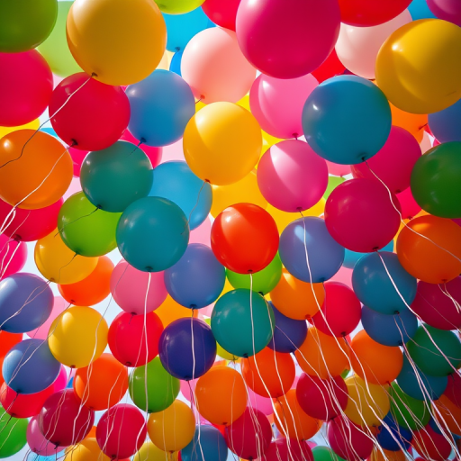 colorful balloons floating against a vibrant background, high-resolution, taken with a Canon EOS 5D Mark IV, 50mm lens, f/2.8, ISO 100, soft focus effect, top-down view