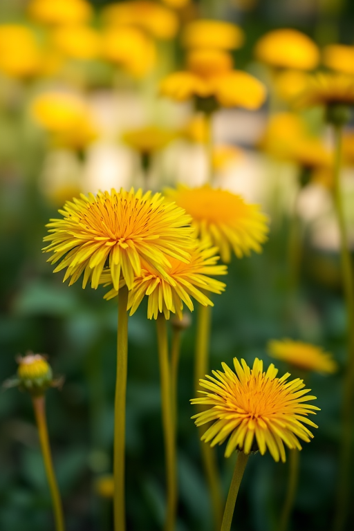 close-up of bright yellow dandelions in a garden with a blurred background, f-stop 2.8, shutter speed 1/500, ISO 100, 85mm lens, natural sunlight, DSLR camera, shallow depth of field