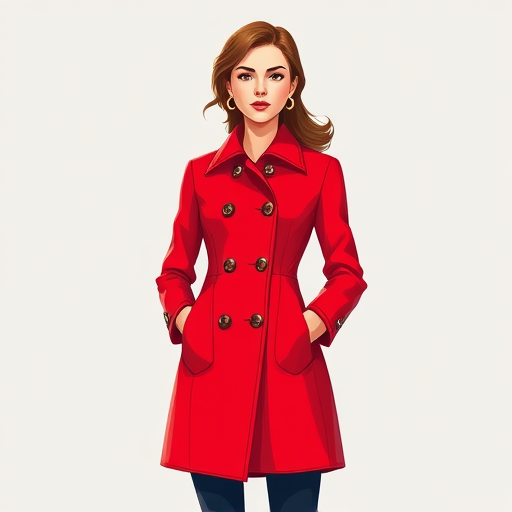 Create a vibrant digital illustration of a woman in a red coat with buttons, standing confidently, using a high-resolution setting of 300 DPI, with a focal length of 50mm, aperture set at f/4 for a sharp image, top-down perspective, and a colorful, flat style reminiscent of vector art.