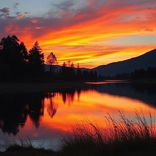 Create a high-resolution image of a serene landscape at sunset with vibrant colors and a calm lake in the foreground, captured with a Canon EOS 5D Mark IV, 50mm lens, aperture f/1.8, ISO 100, shutter speed 1/250s, using a wide-angle view for depth and clarity.