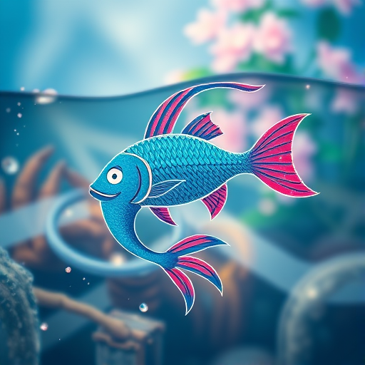 Generate an image of the Aquarius zodiac sign with a stylized fish and flowing water, vibrant colors, soft texture, using a Canon EOS R5 camera, 50mm lens, f/2.8 aperture, ISO 100, and a slight vignette effect for enhanced focus on the design.