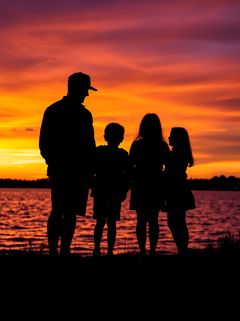 create an image of a family silhouette at sunset by the water with vibrant orange and purple sky, camera settings: f/8, ISO 100, shutter speed 1/200s, camera view: wide-angle, camera style: high dynamic range, camera type: DSLR