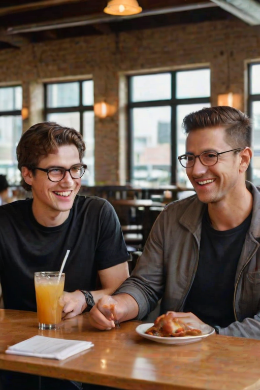 Medium shot photo of two men sitting closely together at a restaurant table, both holding drinks in a casual, friendly pose. The man on the left has light skin, short brown hair, and wears glasses with a warm smile, dressed in a dark zip-up jacket over a collared shirt. The man on the right has a medium tan skin tone, dark wavy hair, and a relaxed expression, wearing a black T-shirt with a visible arm sling. They sit side by side, leaning slightly towards each other, suggesting camaraderie, with their arms resting on the white-clothed table, which has drinks, a menu, and utensils scattered across it. The background features an expansive indoor space with high ceilings, exposed metal beams, and large windows allowing bright natural light to fill the area. The restaurant ambiance is lively, with other patrons visible in the background, creating a bustling yet comfortable atmosphere. The overall lighting is bright, diffused through the windows, giving a soft glow to the scene, emphasizing the warm, friendly interaction between the two men