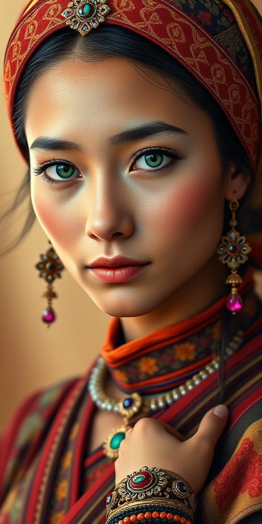 Create a portrait of a beautiful Tibetan woman with striking green eyes and a gentle expression. She is adorned in traditional attire with intricate patterns, including a richly embroidered headscarf and matching garments. Her jewelry includes a delicate headpiece, dangling earrings, and ornate bracelets, all featuring vibrant gemstones and detailed metalwork. The background is soft and warm, enhancing the rich colors of her outfit and jewelry.