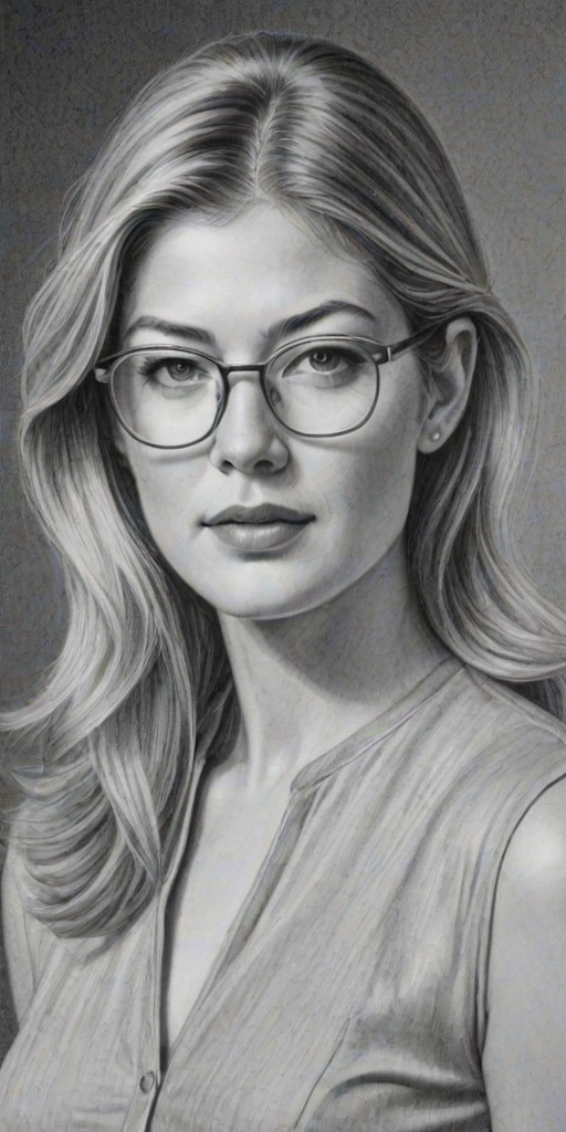 Beautiful Rosamund Pike, pencil sketch, portrait of beautiful woman 60s in glasses, hair style beatnik, outline, clear lines, fine lines, 8k