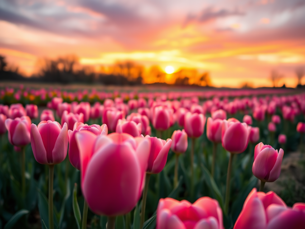 high-resolution image of a field of pink tulips under a dramatic sunset sky, depth of field focusing on foreground flowers, aperture f/2.8, ISO 100, 50mm lens, shot from a low angle to capture the vibrant colors, soft lighting, DSLR camera
