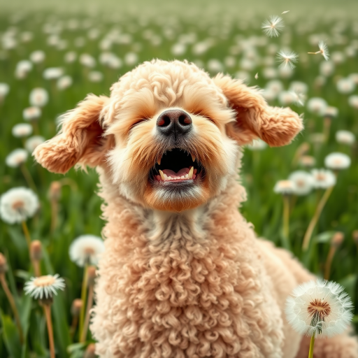 An expressive image of a poodle dog in a comedic situation where it appears to be sneezing. The dog's eyes are squeezed shut, and its ears flap as the force of the sneeze is illustrated. Mouth slightly open, visible sneeze particles flying in the air. In the background, a lush green field full of seed head dandelions.