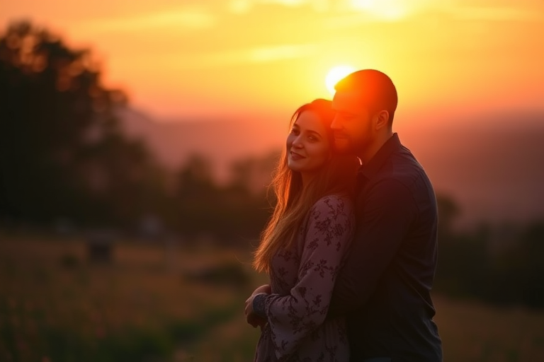 Generate a romantic sunset scene featuring a couple embracing, soft focus, warm lighting, aperture f/2.8, ISO 100, shutter speed 1/200s, shot from a low angle with a DSLR camera using a portrait lens.