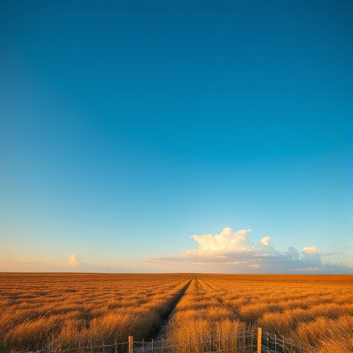 Generate a high-resolution image of a serene landscape with a clear blue sky and soft white clouds, captured at sunset, using a DSLR camera with a 50mm lens, f/2.8 aperture, ISO 100, and a shutter speed of 1/100 sec, in landscape orientation for enhanced detail and clarity.