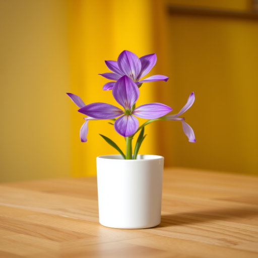Capture a close-up of a single purple flower in a white vase on a wooden table with a soft yellow background, using a DSLR camera, 50mm lens, f/3.2 aperture, ISO 100, 1/200s shutter speed, natural lighting for enhanced clarity and detail.