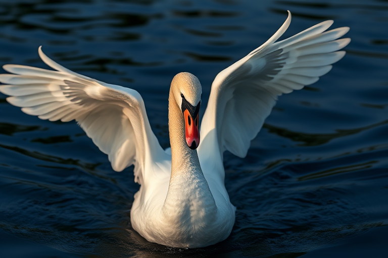 Capture a close-up shot of a swan spreading its wings on a dark, reflective water surface, using a Canon EOS 5D Mark IV, 85mm f/1.8 lens, ISO 200, shutter speed 1/1000s, aperture f/4, natural lighting, shallow depth of field.