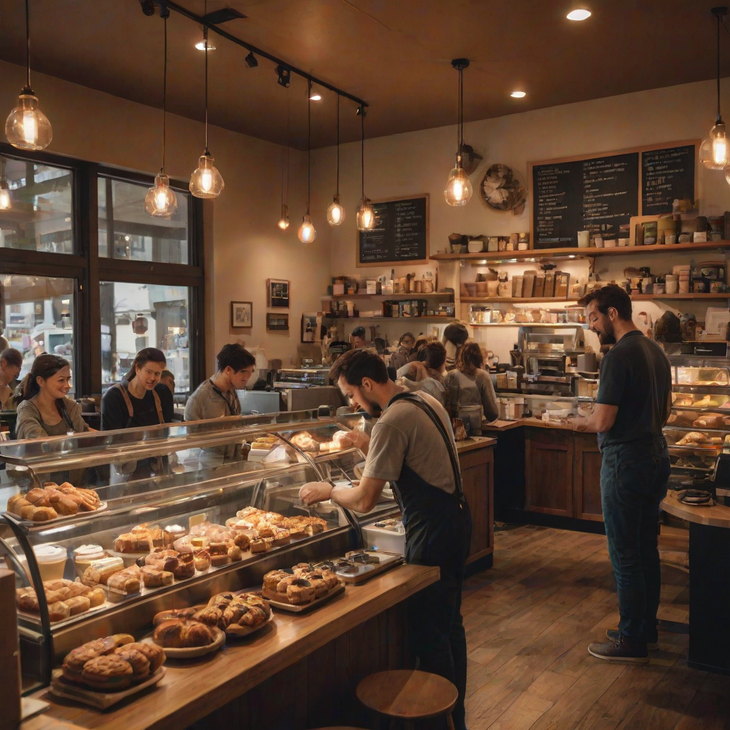 Warmly lit photo of a coffee shop filled with patrons, soft music creating a relaxed vibe, with delicious pastries displayed at the counter and friendly baristas at work.