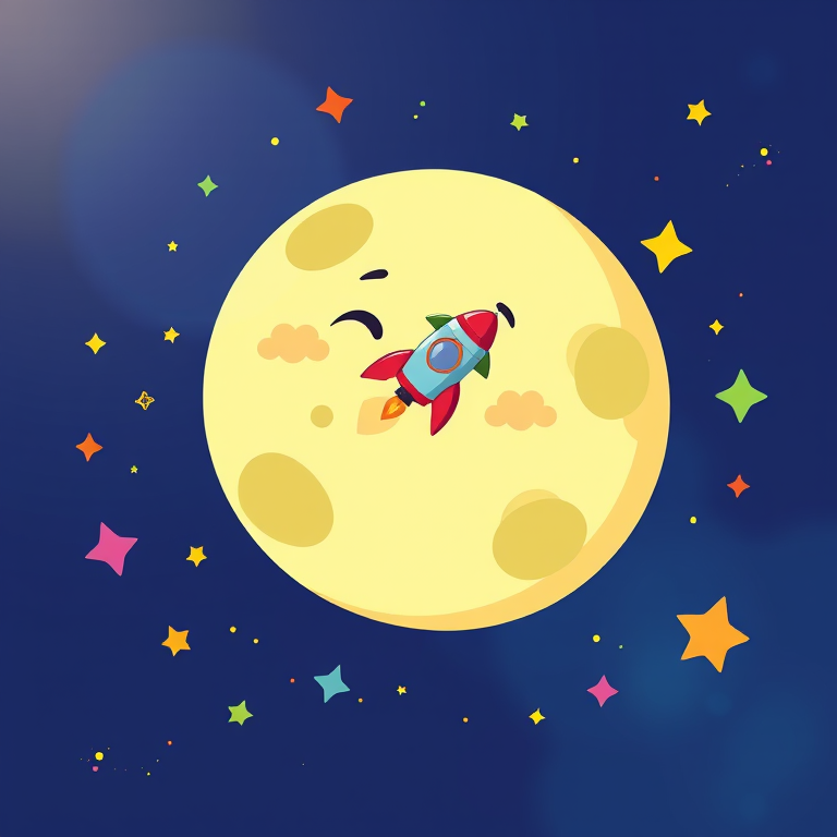 Create a whimsical illustration of a smiling cartoon moon in space, surrounded by colorful stars, with a small rocket ship blasting off from its surface, using a Canon EOS R5 camera, 50mm lens, f/1.8 aperture, ISO 100, in a bright, vibrant style with a soft focus background.