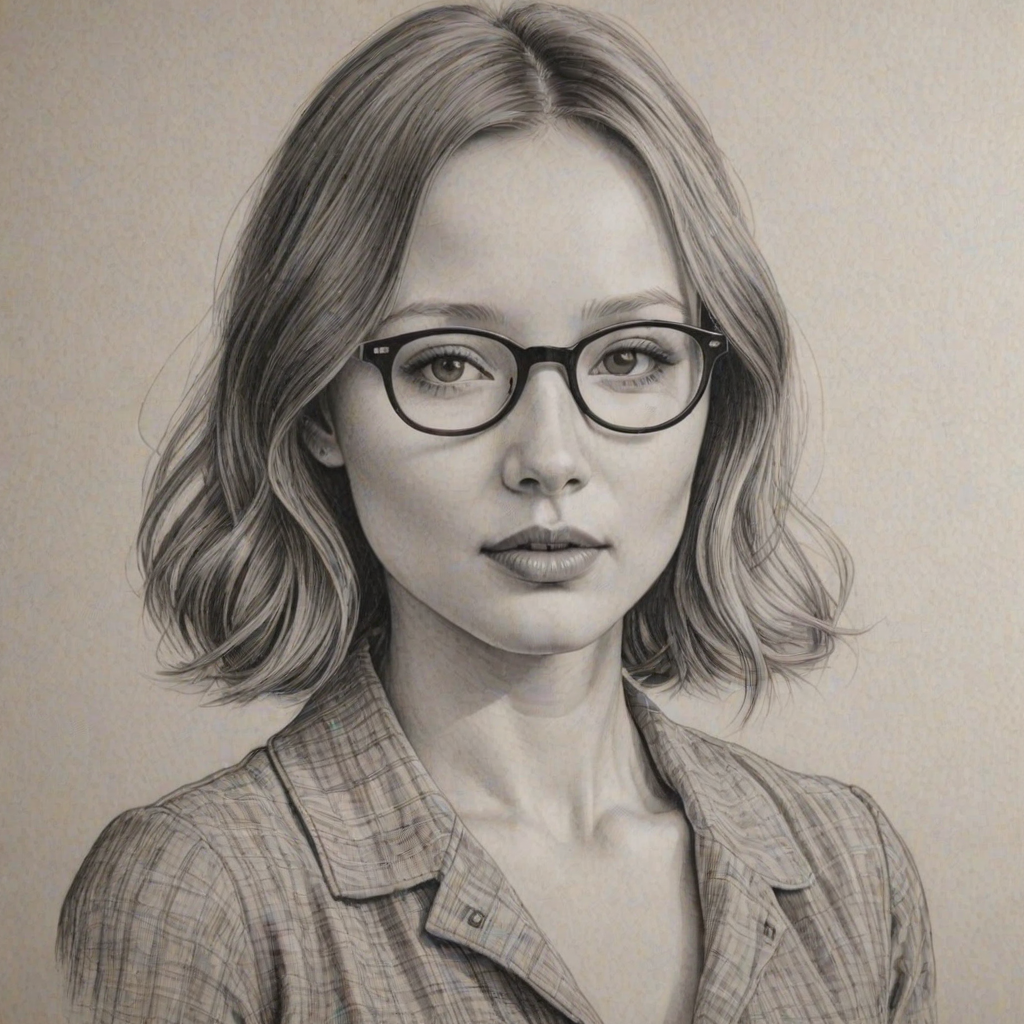 Exquisite Emily Browning, pencil sketch, portrait of Gorgeous woman 1956s in glasses, hair style beatnik, outline, clear lines, fine lines, 8k