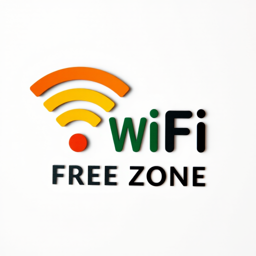 Create a high-resolution image of a WiFi logo with a vibrant signal icon in orange, yellow, and green, incorporating the text "WiFi FREE ZONE" in bold black letters, using a DSLR camera with a 50mm lens at f/2.8, ISO 100, and a shallow depth of field to enhance visual clarity and focus on the logo, set against a subtle textured background.