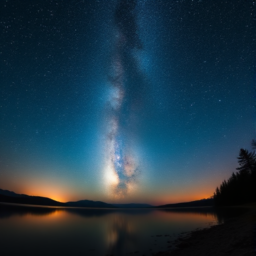 capture a stunning night sky with the Milky Way over a calm lake, long exposure 20 seconds, ISO 3200, f/2.8, 14mm wide-angle lens, low perspective from the shore, clear foreground with silhouettes of trees and reflections in water, starry sky with vivid colors and details