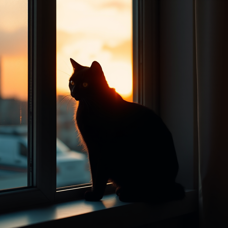 Create a high-quality image of a black silhouette of a cat sitting on a window ledge at sunset, with a Canon EOS R5, 50mm f/1.2 lens, aperture set to f/2.8, ISO 100, and a warm color filter for enhanced lighting.