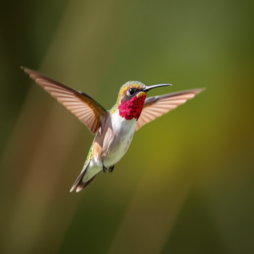 hummingbird in flight captured with a 100mm macro lens, f/2.8 aperture, ISO 400, 1/2000s shutter speed, natural lighting, shallow depth of field, focus on the bird's wings and colors, soft background blur