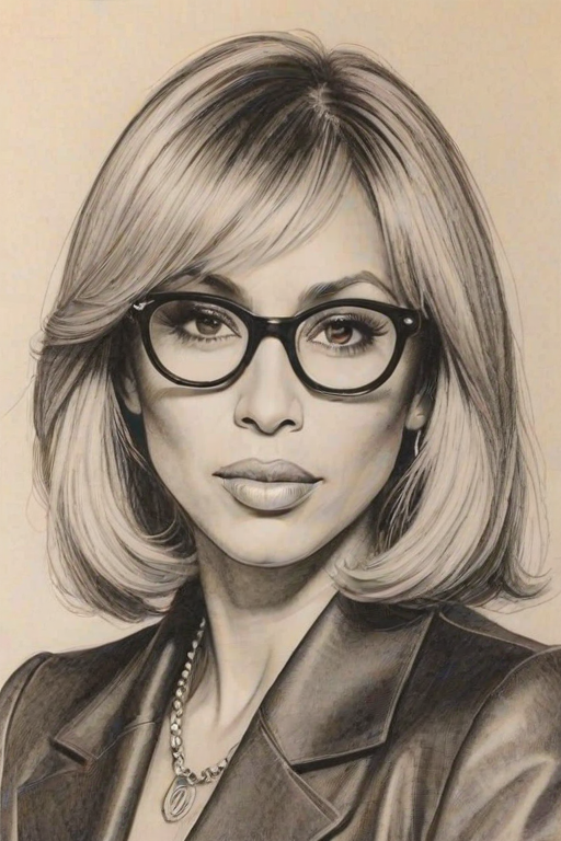 Appealing Cathy Guetta, pencil sketch, portrait of Elegant woman 1939s in glasses, hair style beatnik, outline, clear lines, fine lines, 8k