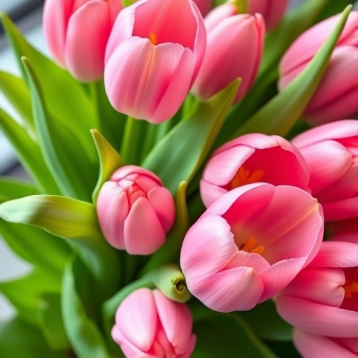 Create a vibrant, high-resolution painting of a bouquet of pink tulips with lush green leaves, using a Canon EOS 5D Mark IV, f/2.8 aperture, ISO 100, 50mm lens, shot in natural light from a slightly above angle to enhance the colors and details.