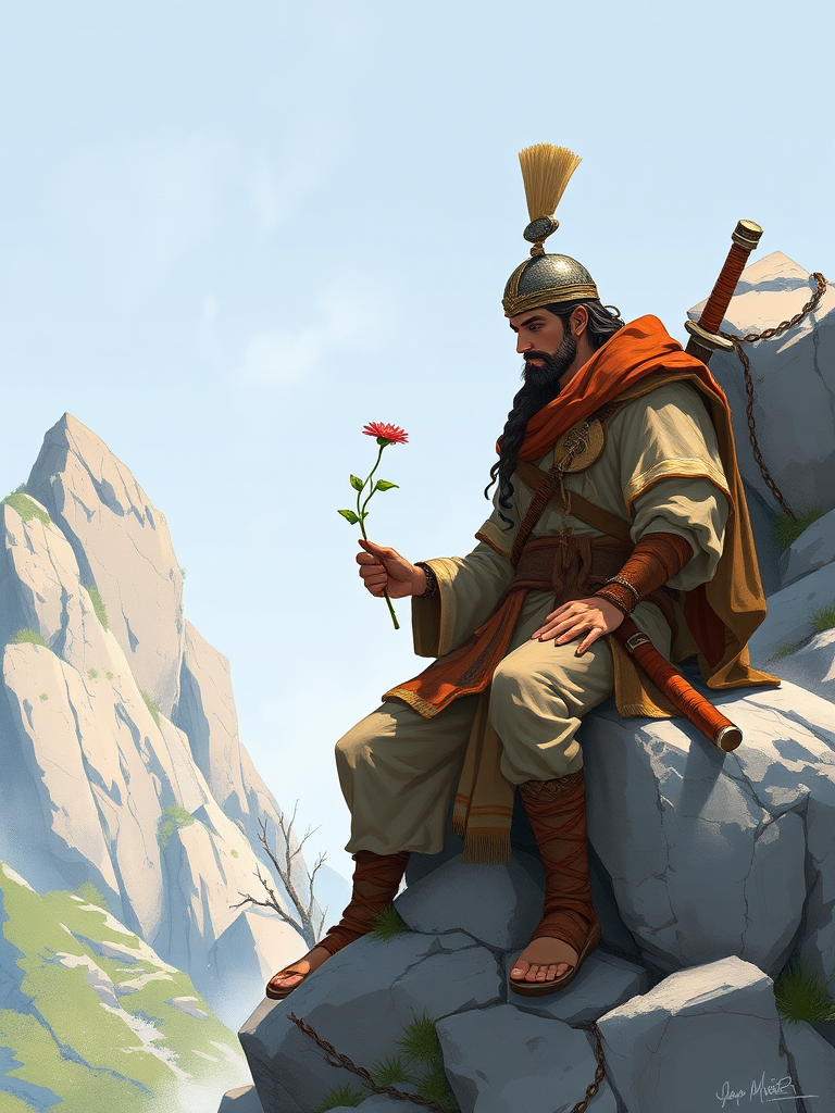 Create a detailed illustration of an ancient warrior holding a small flower, positioned on a rocky outcrop, wearing traditional clothing with a sword at his side; use a high-resolution digital camera with a 50mm lens, aperture set to f/8, shutter speed 1/250s, and natural lighting for a clear and vibrant image.