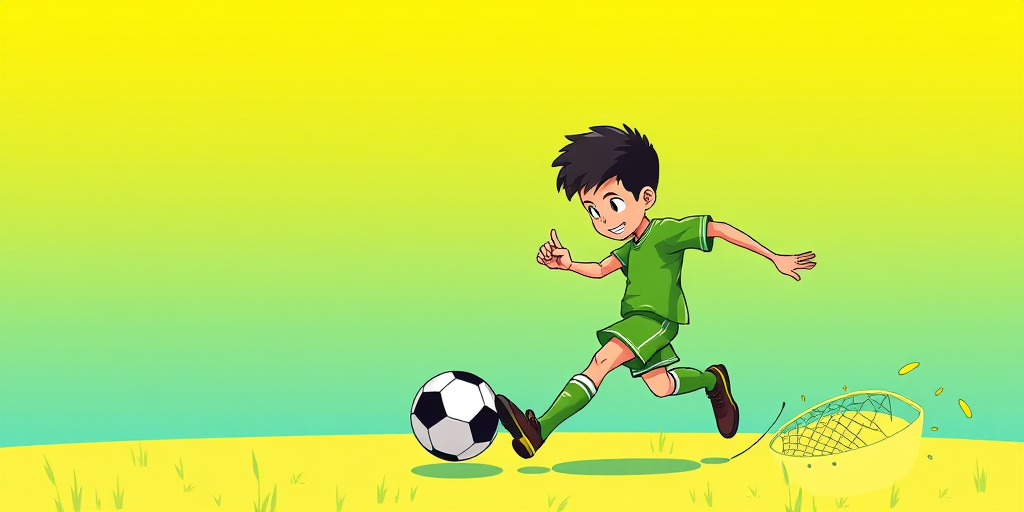 Create an illustration of a cartoon character in a green outfit kicking a soccer ball, with a colorful gradient background featuring shades of yellow, green, and blue, shot with a DSLR camera at f/8 aperture, 50mm lens, ISO 100, and natural lighting.