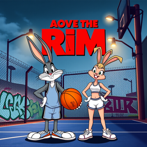 Design an Above the Rim poster featuring Bugs Bunny as Kyle and Lola Bunny as Shep. Bugs is dressed in a basketball jersey and shorts, holding a basketball with a confident expression, while Lola stands beside him in athletic gear, looking determined. The background features an urban basketball court with a wire fence, streetlights, and graffiti. The title "Above the Rim" appears in bold red letters at the top, keeping the original street basketball vibe