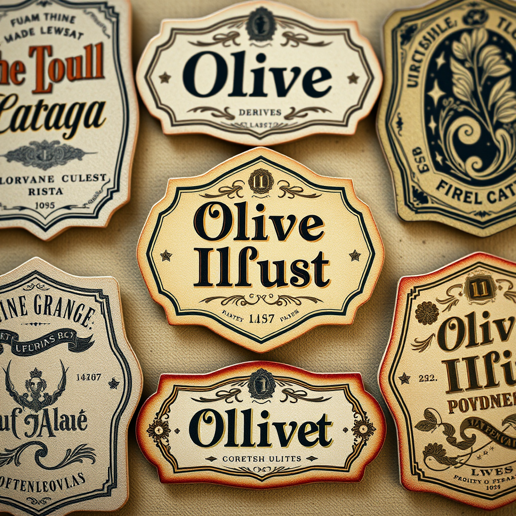 Create a high-resolution image of decorative labels with a vintage style, featuring "Olive Illust" in elegant typography, using a Canon EOS R5 with a 50mm lens, aperture f/2.8, ISO 100, top-down view, and vibrant color saturation.