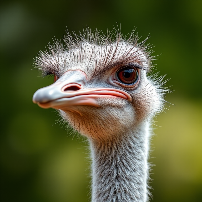 generate a high-resolution close-up of an ostrich head with a shallow depth of field, 85mm lens, f/1.8 aperture, ISO 200, natural lighting, soft bokeh background, captured with a DSLR camera