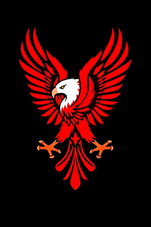 Create a high-resolution image of a stylized red eagle emblem with intricate feather details, using a camera with a 50mm lens, f/8 aperture, taken from a slight low angle to emphasize its majestic stature, and rendered in a digital art style for enhanced vibrancy and clarity.