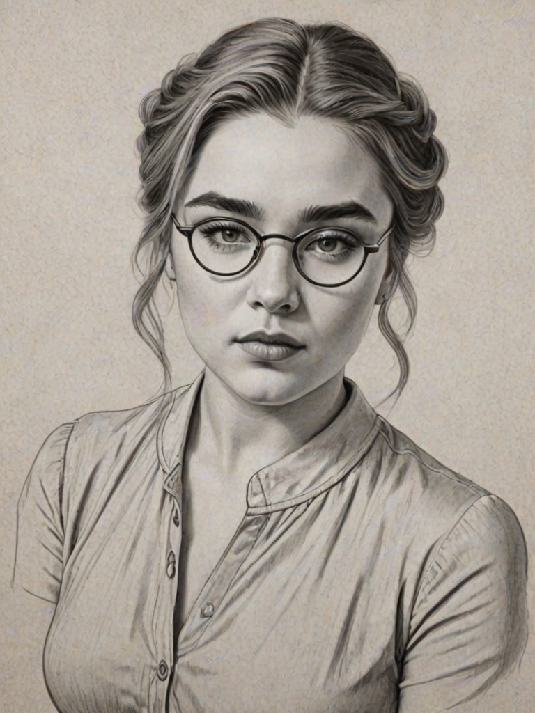 Splendid Florence Pugh, pencil sketch, portrait of Ravishing woman 1923s in glasses, hair style beatnik, outline, clear lines, fine lines, 8k