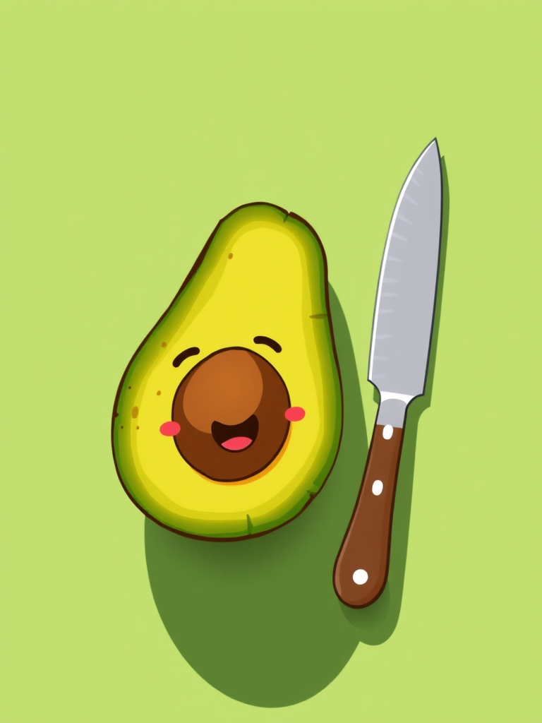 Create a high-resolution illustration of a cartoonish avocado with a knife beside it on a solid green background, using a Canon EOS R5, 50mm lens, f/2.8, ISO 100, 1/200s, top-down view, digital illustration style.