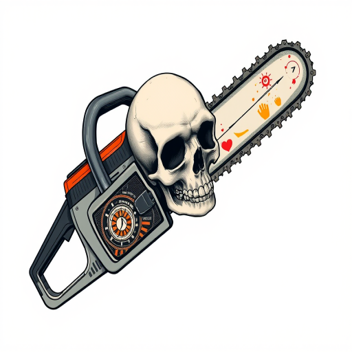 Create a detailed illustration of a chainsaw with a skull integrated into the design, utilizing a high-resolution DSLR camera with 50mm lens, aperture set at f/8 for sharpness, ISO 100 for clarity, and a slight vignette effect to enhance focus on the central elements.