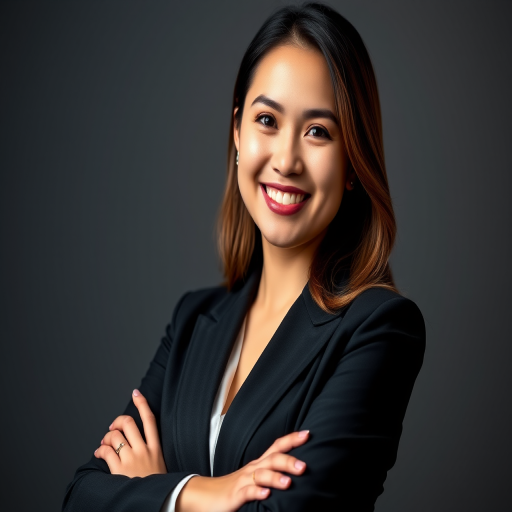 portrait of a young woman in a business suit smiling confidently with arms crossed, studio lighting, f/2.8 aperture, ISO 100, 85mm lens, shallow depth of field, soft focus background, high-resolution digital photography