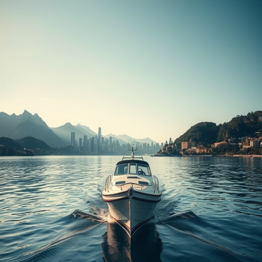 Regenerate the image of a boat on water with a city skyline and mountains in the background, use a Canon EOS R5 camera with a 24-70mm f/2.8 lens, set aperture to f/8, ISO 100, shutter speed 1/250 sec, capture from a mid-range perspective with a focus on the boat, in natural lighting to enhance clarity and detail.