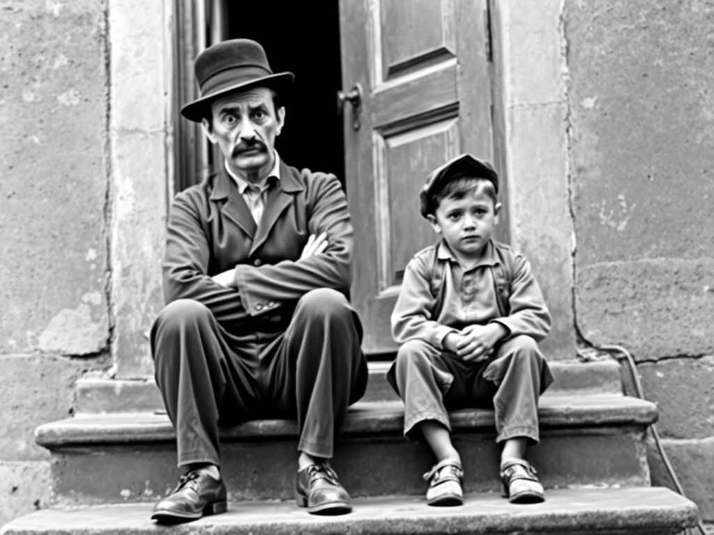 A black-and-white photograph of a man and a child sitting on steps in front of a doorway. The man is dressed as a tramp with a bowler hat, mustache, and ragged clothes, reminiscent of Charlie Chaplin's iconic look. He is sitting with his arms crossed and an expression of slight sadness or frustration. Next to him is a young boy, also in worn clothes and a cap, sitting with his hands clasped, looking thoughtful. The background is an old, textured wall and a partially open door, creating a vintage, early 20th-century atmosphere.