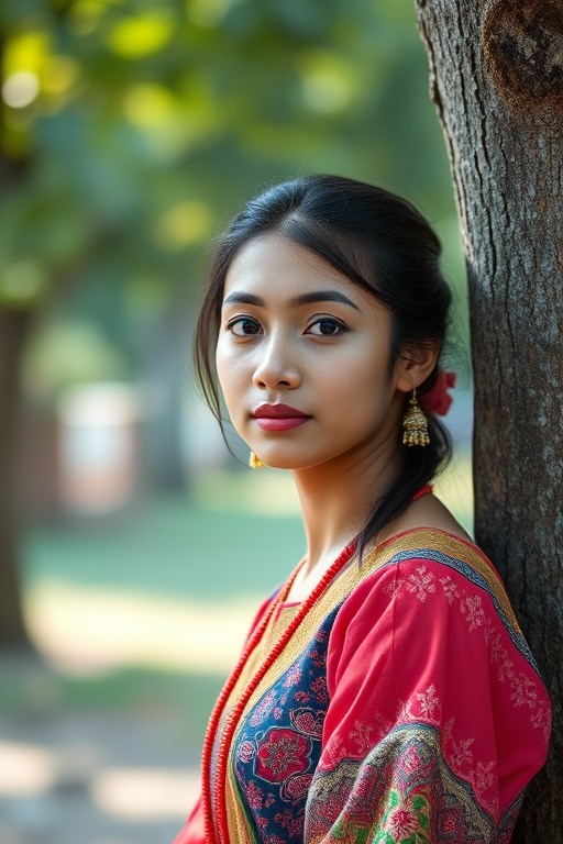 portrait of a young woman in traditional clothing standing by a tree, soft natural lighting, shallow depth of field, 50mm lens, f/1.8 aperture, ISO 200, taken with a DSLR camera, vibrant colors, focus on the subject with a blurred background