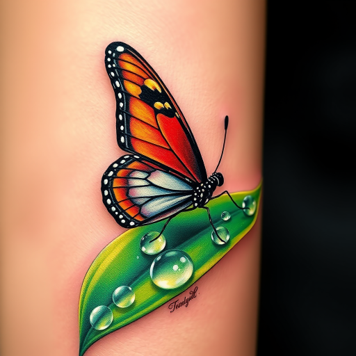 Realistic 3D tattoo "Living Canvas" portraying a hyper-realistic butterfly perched on a dewdrop-covered leaf, with lifelike textures and shading in vivid, true-to-life colors