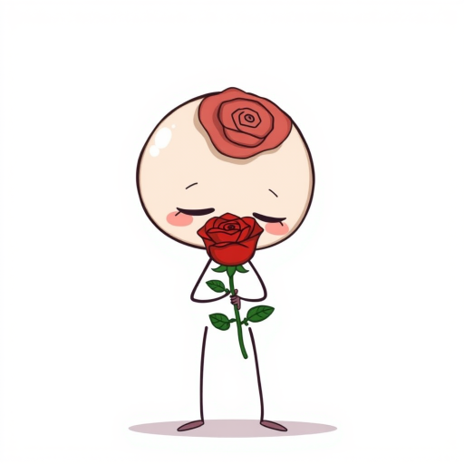 A simple cartoon character with an oversized round head and thin limbs holding a red rose with a shy expression on its face against a plain white background.