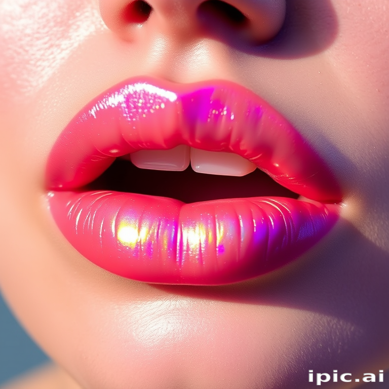 Holographic lip oil titled "Prismatic Glow," nourishing lips while imparting a subtle rainbow sheen and hydrated look