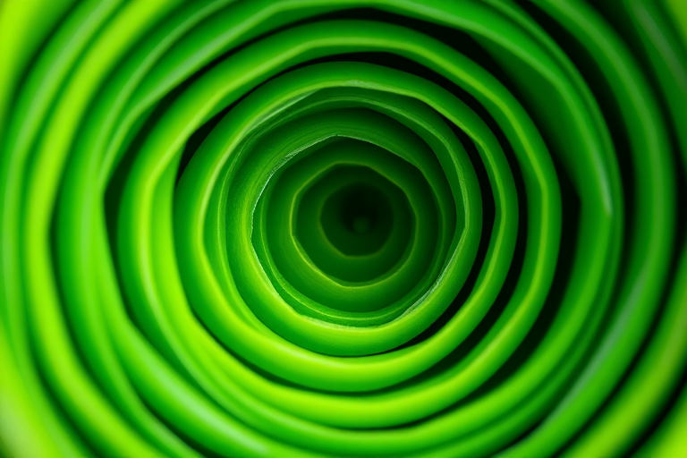 Generate a high-resolution image of a green spiral stack with a smooth texture under soft natural lighting, using a 50mm lens at f/2.8, ISO 100, at eye level, shot with a DSLR camera for clarity and detail.