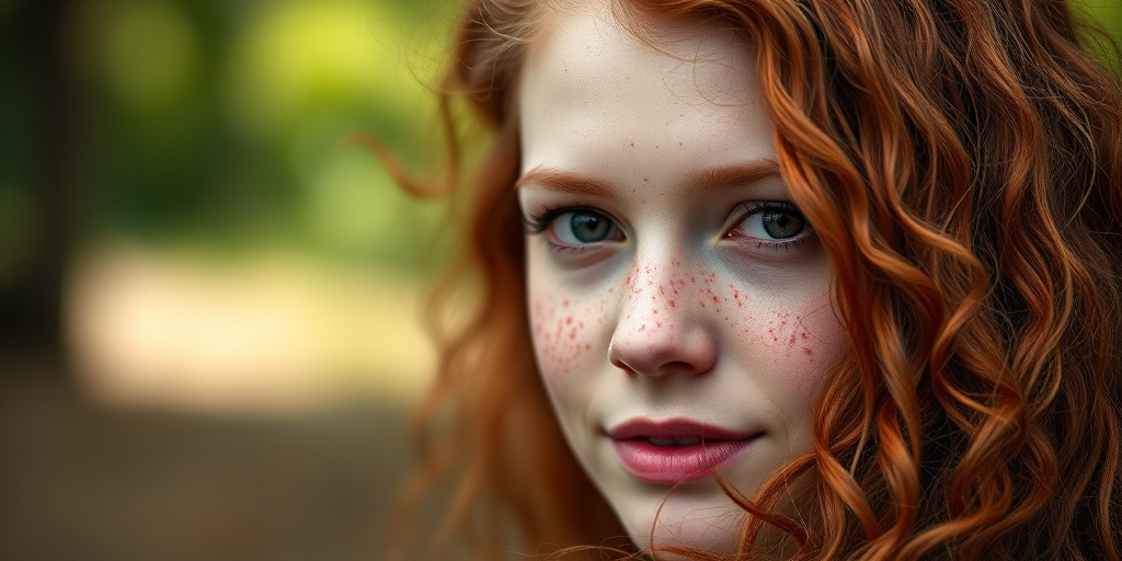 portrait of a young woman with long, curly red hair and freckles, soft focus background, taken with a Canon EOS R5, 50mm lens, f/1.8, ISO 100, natural light, slight bokeh effect