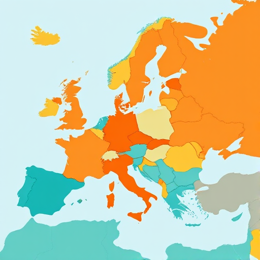 Generate a high-resolution map of Europe, featuring distinct regions filled with vibrant colors such as teal, orange, and light blue, in a flat design style, using a digital painting technique with a Canon EOS R5 camera, 35mm lens, f/8 aperture, ISO 100, 1/250 sec shutter speed, focusing on clarity and detail.