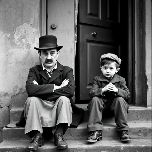 A black-and-white photograph of a man and a child sitting on steps in front of a doorway. The man is dressed as a tramp with a bowler hat, mustache, and ragged clothes, reminiscent of Charlie Chaplin's iconic look. He is sitting with his arms crossed and an expression of slight sadness or frustration. Next to him is a young boy, also in worn clothes and a cap, sitting with his hands clasped, looking thoughtful. The background is an old, textured wall and a partially open door, creating a vintage, early 20th-century atmosphere.