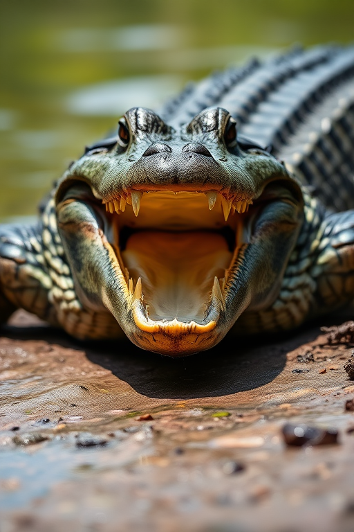 Crocodile basking on a riverbank with mouth open, close-up shot, natural lighting, aperture f/4, ISO 200, shutter speed 1/250s, DSLR camera, macro lens, shallow depth of field.