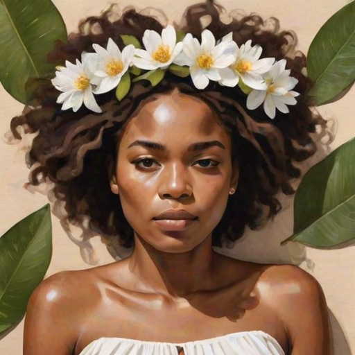 create a watercolor painting of an ethereal portrait of beautiful Garifuna woman with a simple white flower crown on her head. Her hair is long and she is lying on the ground. The sunlight on the trees casts shadows from the leaves on her face and body. The background is a neutral brown color that matches her skin tone. The image is minimalist and solid colors. This style is characterized by soft, delicate brushstrokes and a light, airy, contrasting color palette. High level of detail and play of light